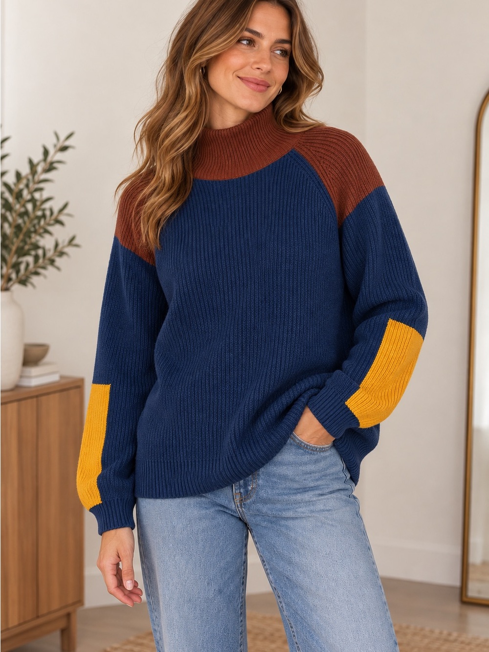 STYLEWE Navy, Rust & Mustard Colorblock Turtleneck Sweater